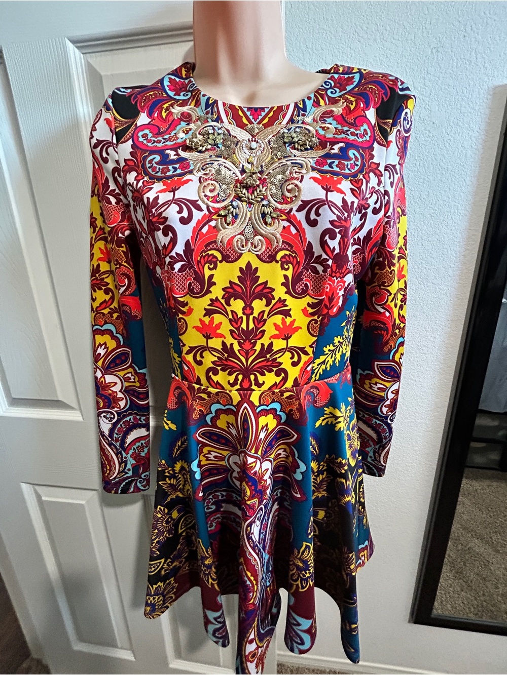 bebe Multi-Color Paisley Long Sleeve Fit & Flare Dress
